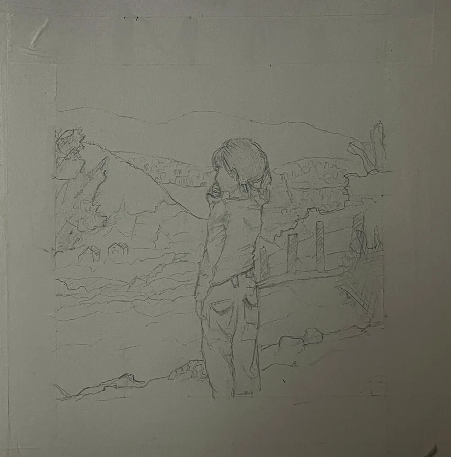 Pencil drawing of the artist as a young girl, seen from behind, standing and looking out over the village, water and mountains of her parents' birthplace